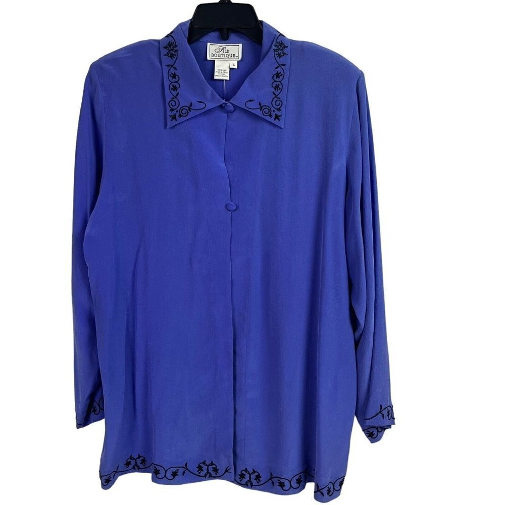 QVC Silk Boutique Womens Blouse 2 Button Open Front Purple Embroidered Large